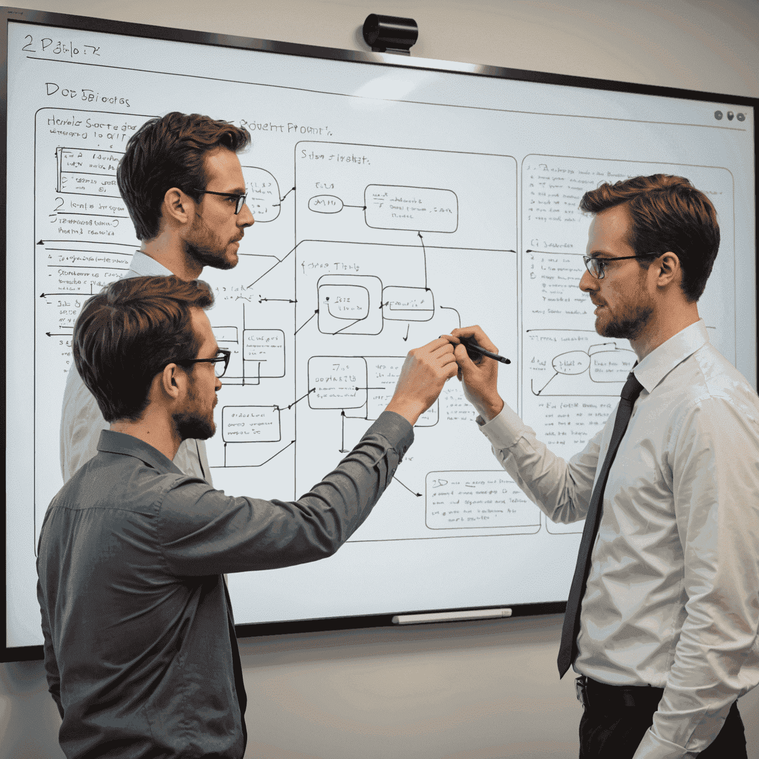 Programmierer arbeiten gemeinsam an einem komplexen Algorithmus an einer digitalen Tafel